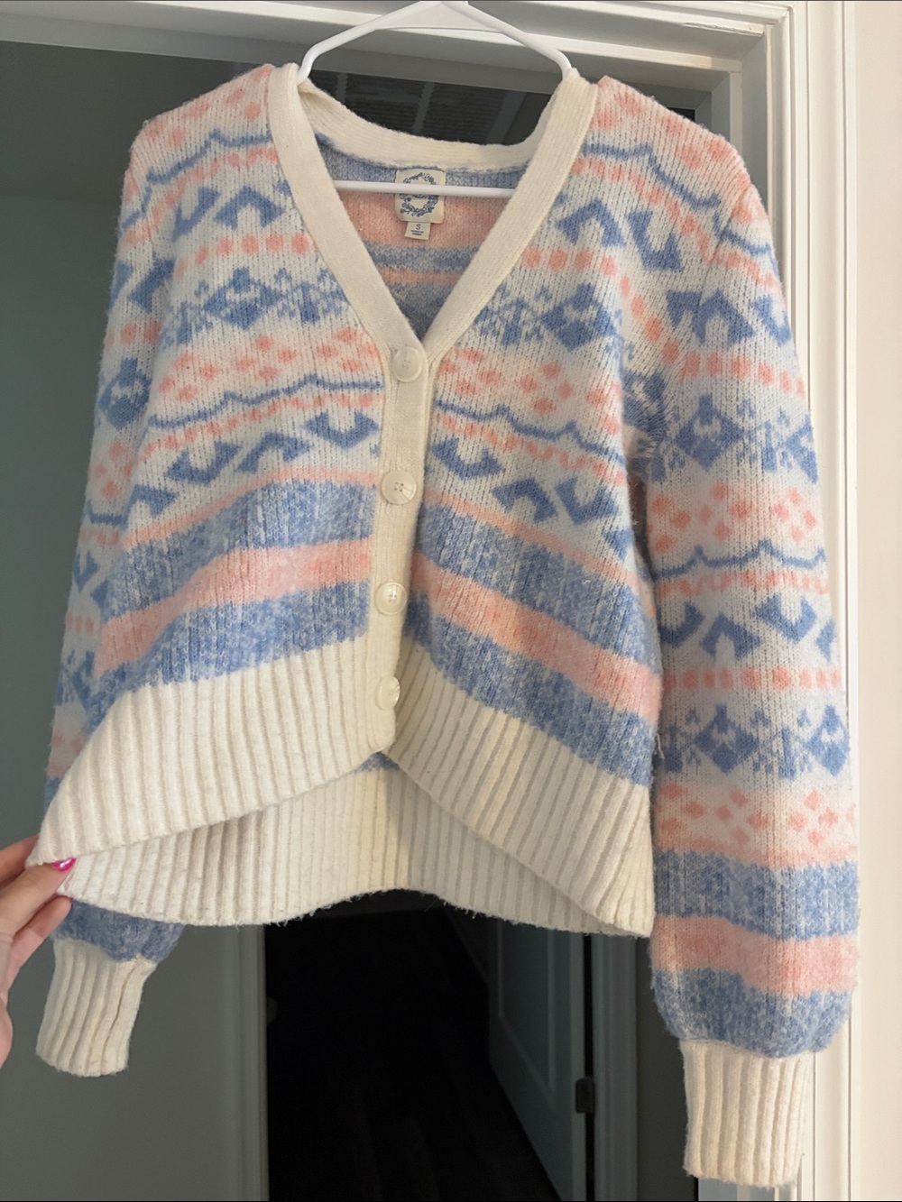 Francesca's Collections Cream Cardigan with Pastel Blue and Pink Fair Isle